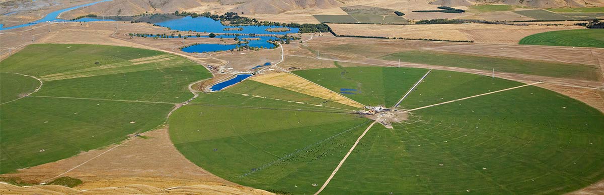 View of irrigated land in NZ. Irrigation significantly affects water flows.